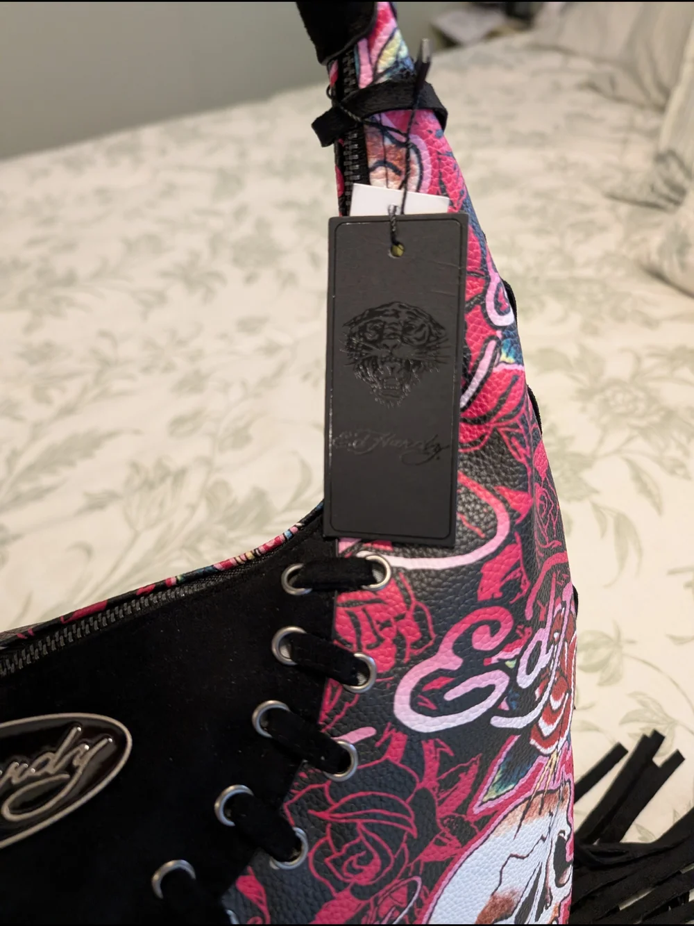 Ed Hardy Fringed Skull & Rose Hobo Bag NWT